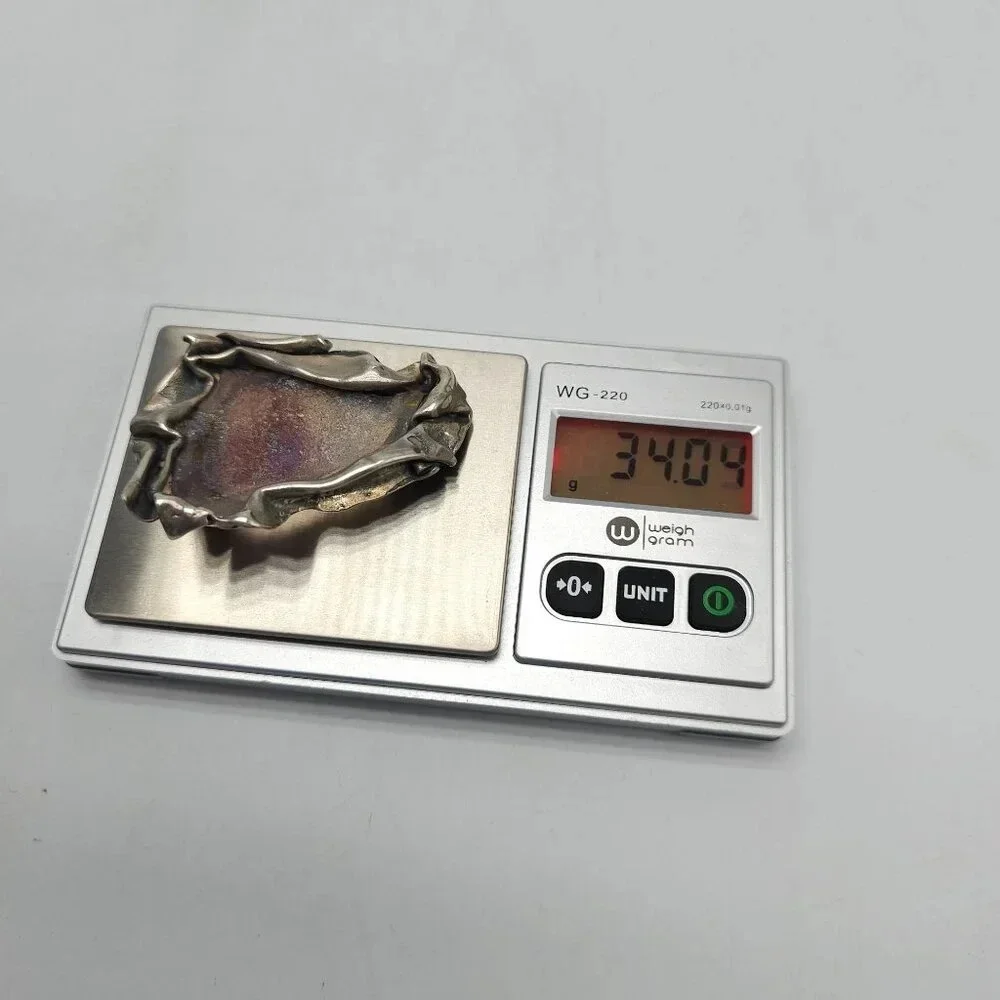 Vintage Artisan Abstract Brutalist Sterling Silver Purple Roman Glass Brooch Pin